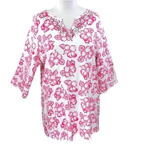 Quacker Factory Tunic Size 1X Stretch Pink Floral NWPT